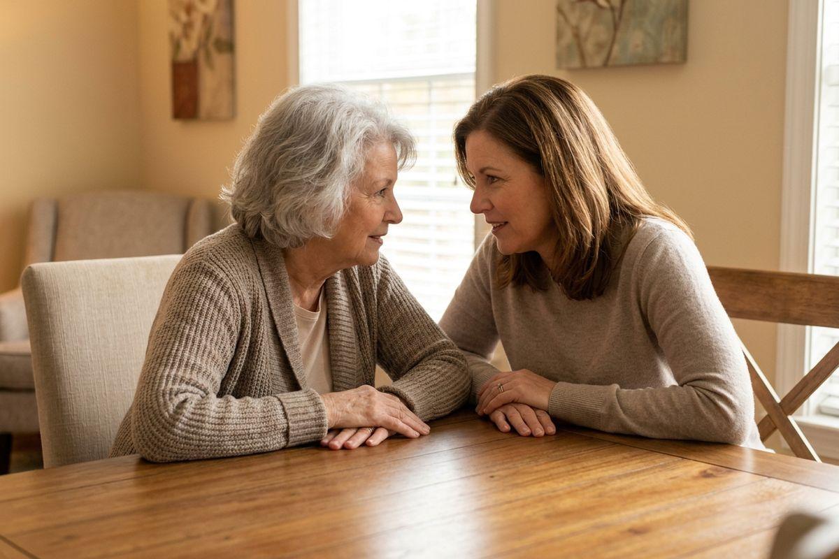 Older and younger adult sit at a wooden table, leaning close and looking at each other while talking.