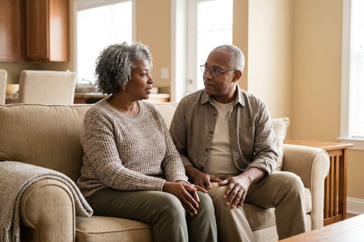 Two older adults sit close together on a beige sofa, holding hands and talking while looking at each other in a living room.