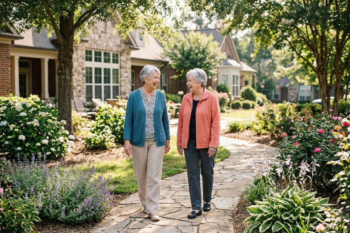 Two seniors walk and smile on a stone garden path lined with flowers, houses in the background.