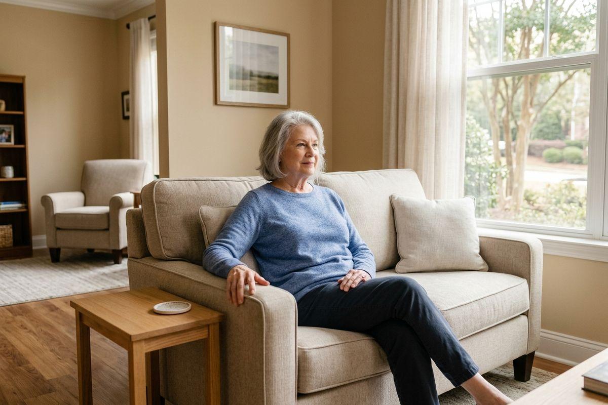 An older adult in a blue sweater sits on a beige sofa in a living room, gazing toward a bright window in their new apartment in assisted living.
