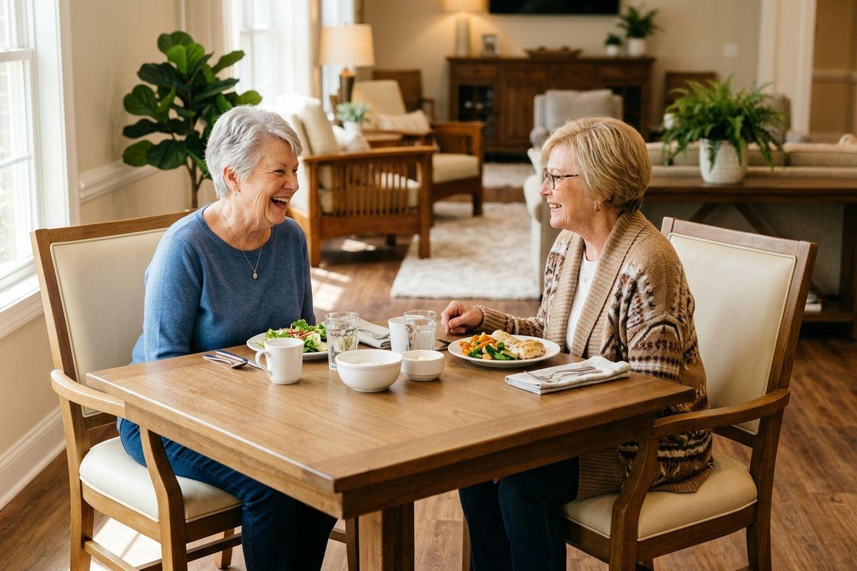 Two older adults laughing at a wooden dining table with plates of food, water glasses, and mugs in a home in their assisted living community.